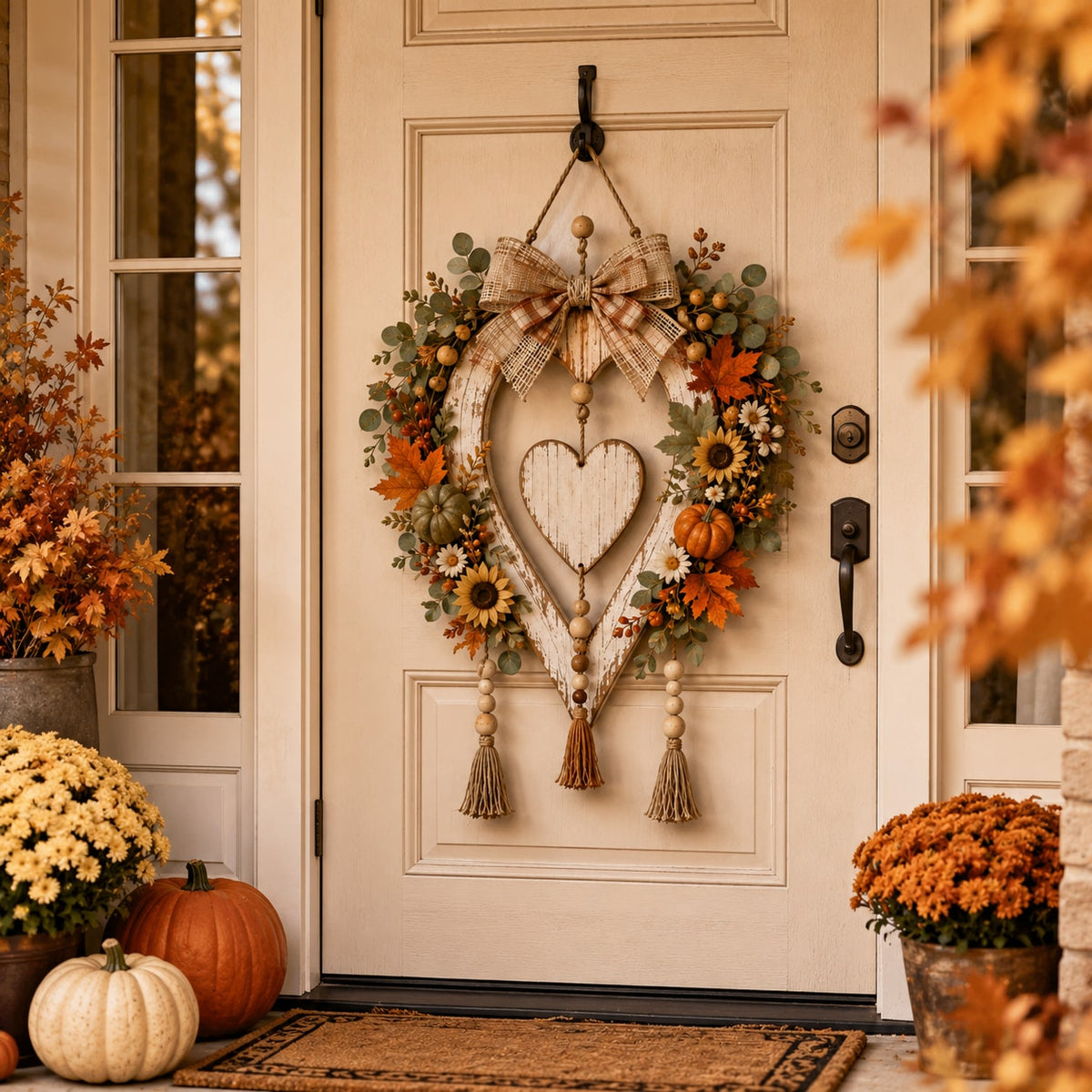 Fall Harvest Heart Wreath with Pumpkins and Sunflowers for Front Door
