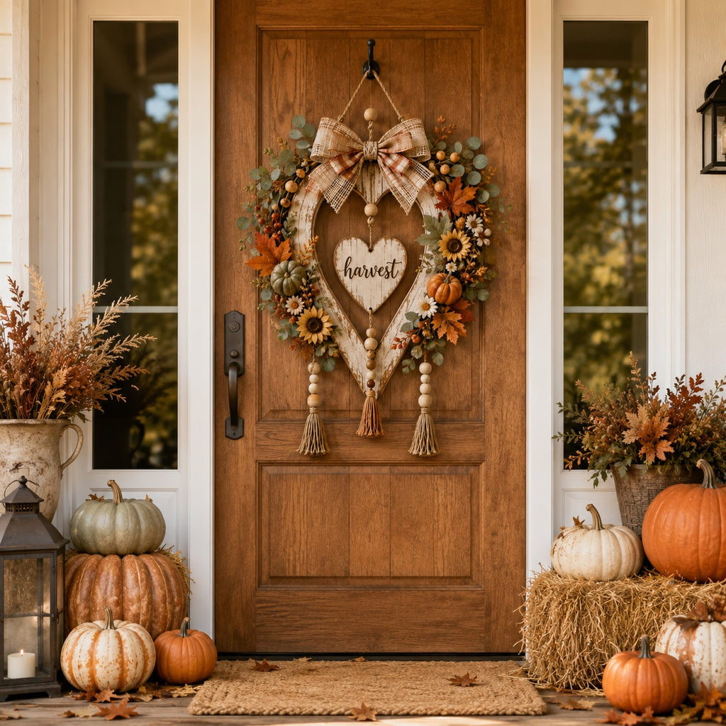 Fall Harvest Heart Wreath with Pumpkins and Sunflowers for Front Door