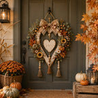 Fall Harvest Heart Wreath with Pumpkins and Sunflowers for Front Door