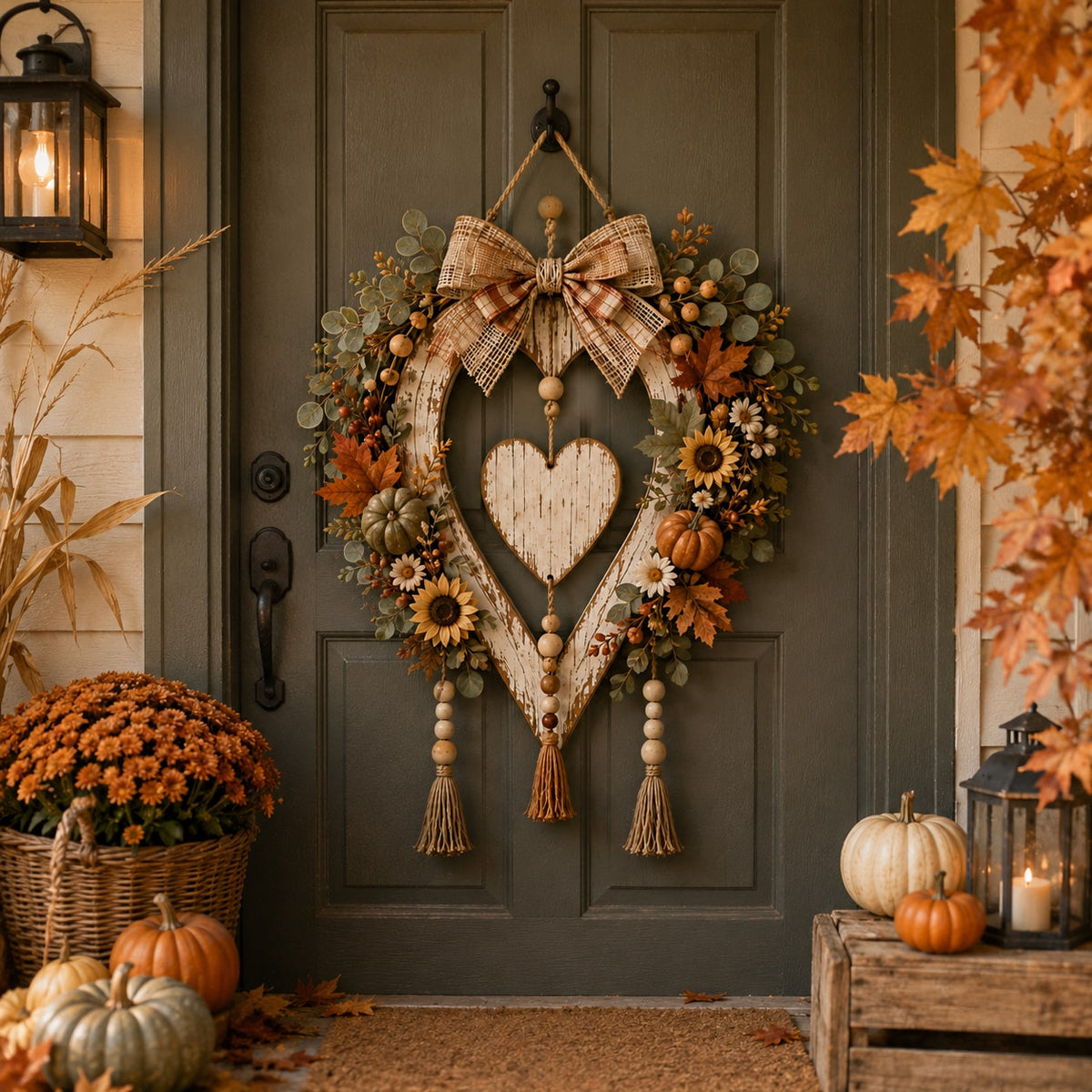 Fall Harvest Heart Wreath with Pumpkins and Sunflowers for Front Door