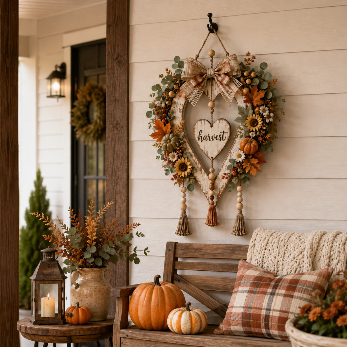 Fall Harvest Heart Wreath with Pumpkins and Sunflowers for Front Door