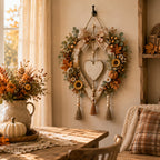 Fall Harvest Heart Wreath with Pumpkins and Sunflowers for Front Door