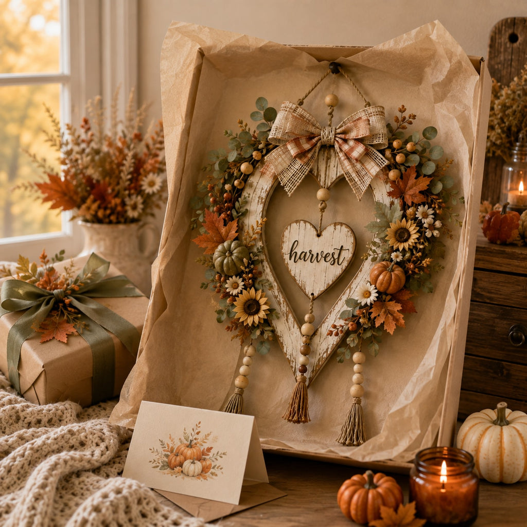 Fall Harvest Heart Wreath with Pumpkins and Sunflowers for Front Door