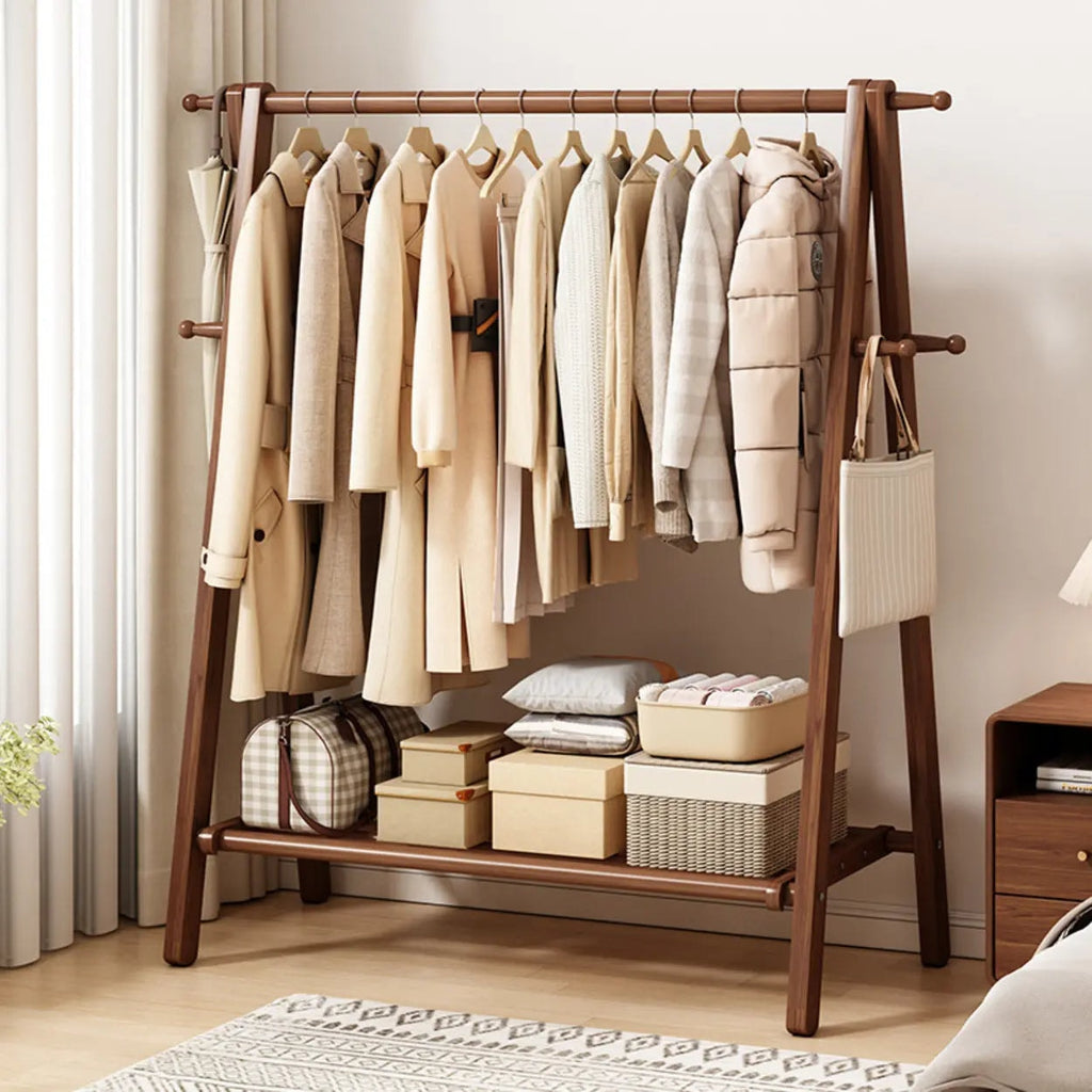 Foldable Beech Wood Clothes Rack with Storage Shelves and Side Hooks
