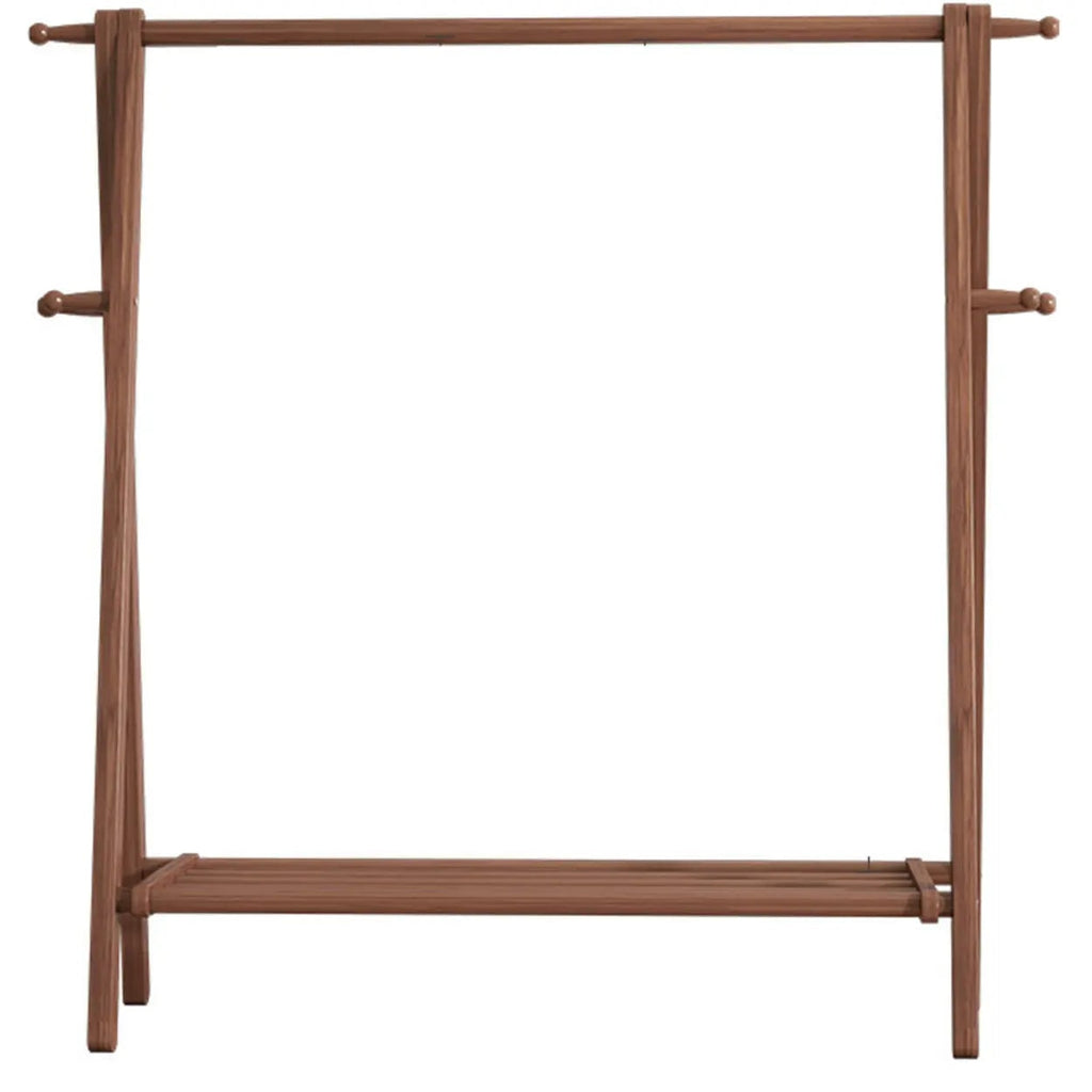 Foldable Beech Wood Clothes Rack with Storage Shelves and Side Hooks