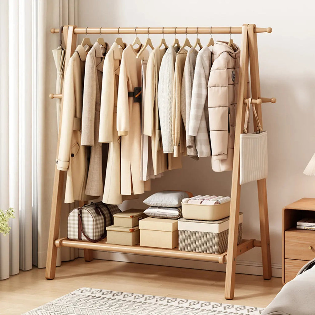 Foldable Beech Wood Clothes Rack with Storage Shelves and Side Hooks