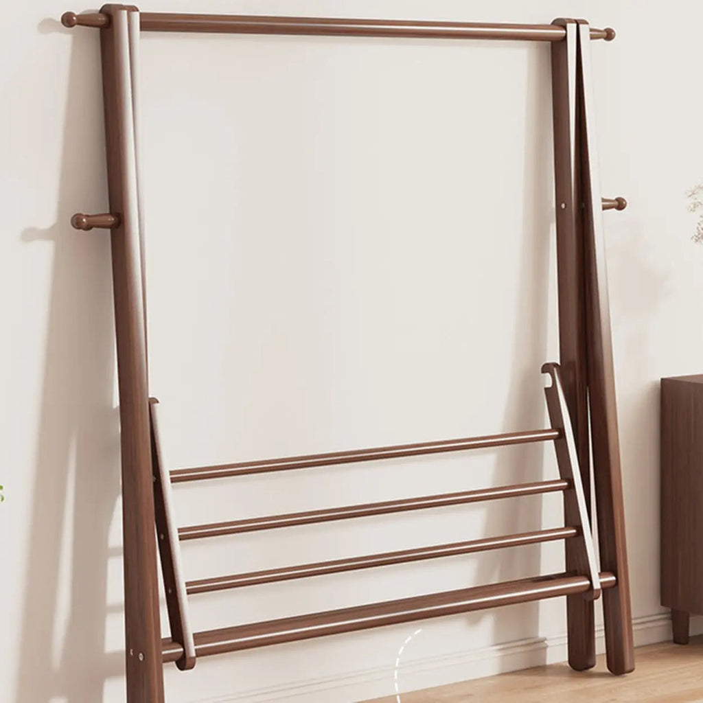 Foldable Beech Wood Clothes Rack with Storage Shelves and Side Hooks