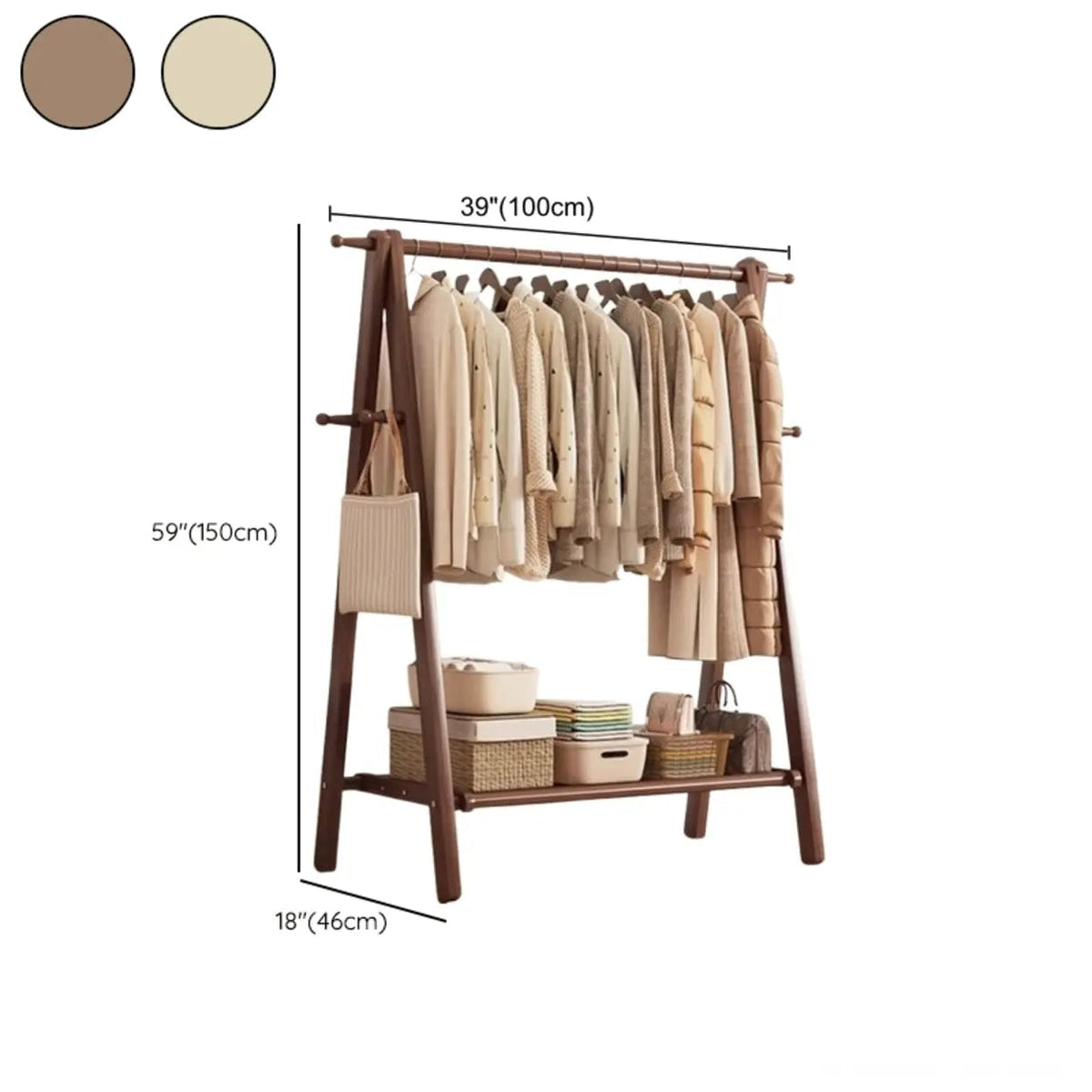 Foldable Beech Wood Clothes Rack with Storage Shelves and Side Hooks