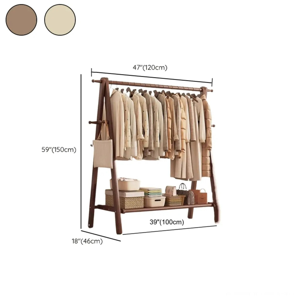 Foldable Beech Wood Clothes Rack with Storage Shelves and Side Hooks