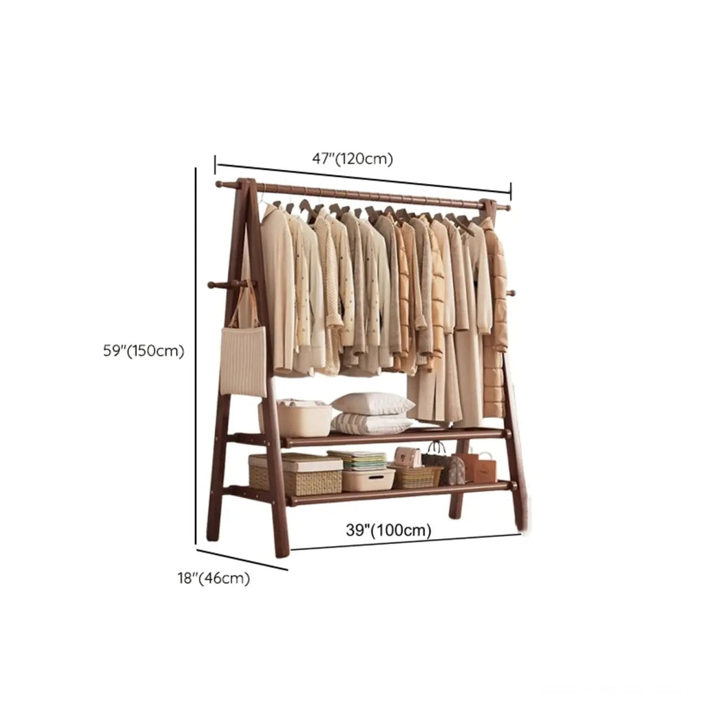Foldable Beech Wood Clothes Rack with Storage Shelves and Side Hooks
