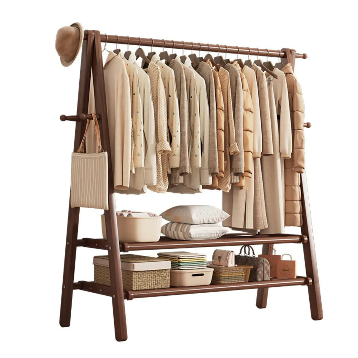 Foldable Beech Wood Clothes Rack with Storage Shelves and Side Hooks