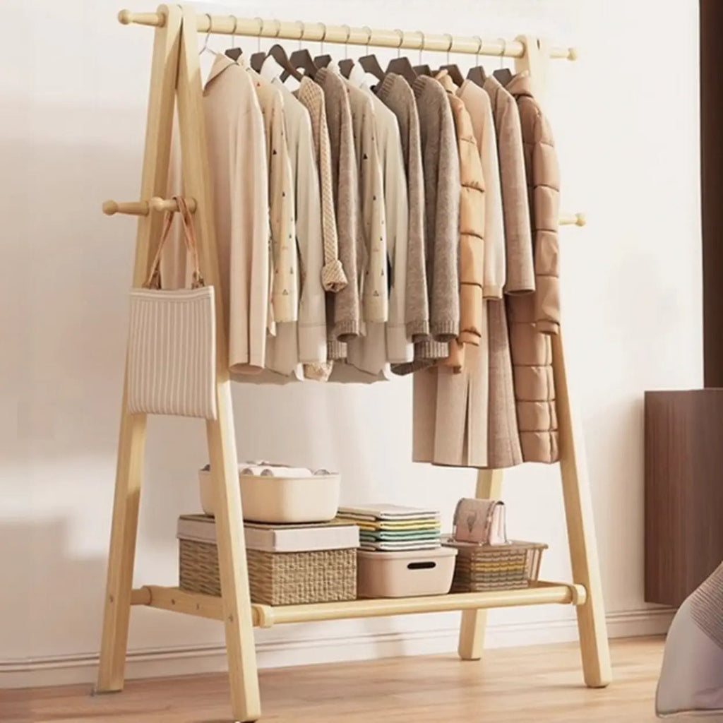 Foldable Beech Wood Clothes Rack with Storage Shelves and Side Hooks