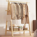 Foldable Beech Wood Clothes Rack with Storage Shelves and Side Hooks