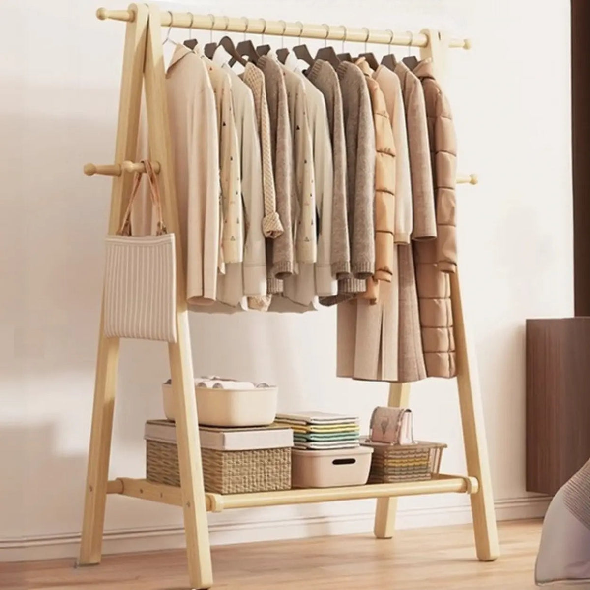 Foldable Beech Wood Clothes Rack with Storage Shelves and Side Hooks