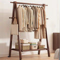 Foldable Beech Wood Clothes Rack with Storage Shelves and Side Hooks