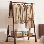 Foldable Beech Wood Clothes Rack with Storage Shelves and Side Hooks