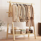 Foldable Beech Wood Clothes Rack with Storage Shelves and Side Hooks