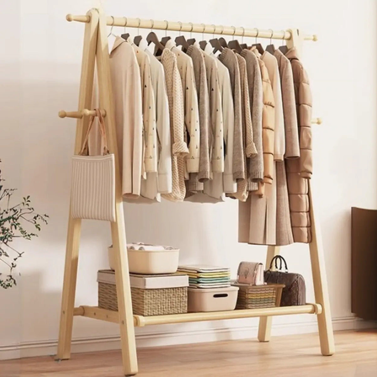 Foldable Beech Wood Clothes Rack with Storage Shelves and Side Hooks