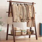Foldable Beech Wood Clothes Rack with Storage Shelves and Side Hooks