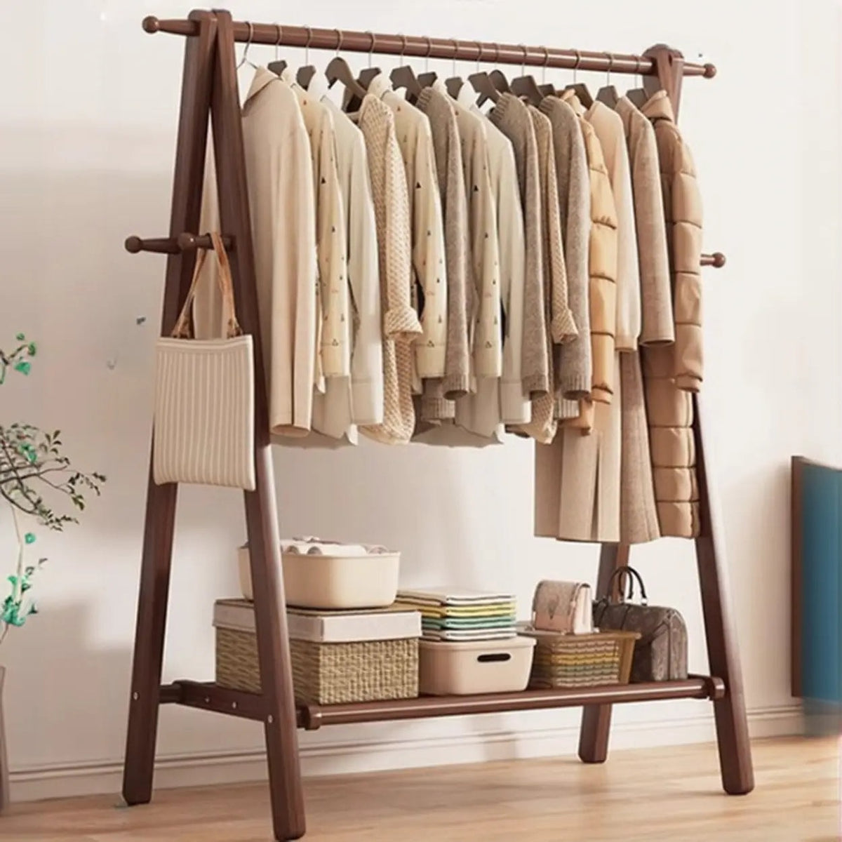 Foldable Beech Wood Clothes Rack with Storage Shelves and Side Hooks