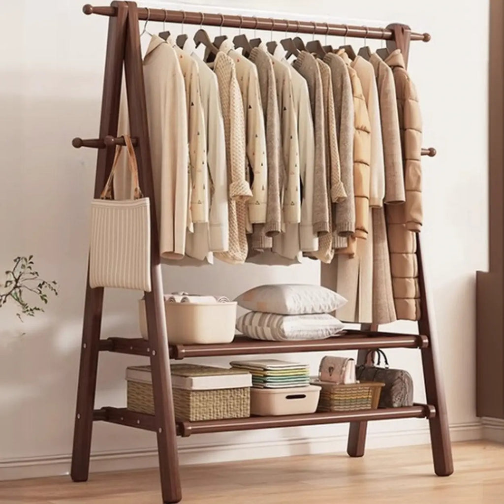 Foldable Beech Wood Clothes Rack with Storage Shelves and Side Hooks