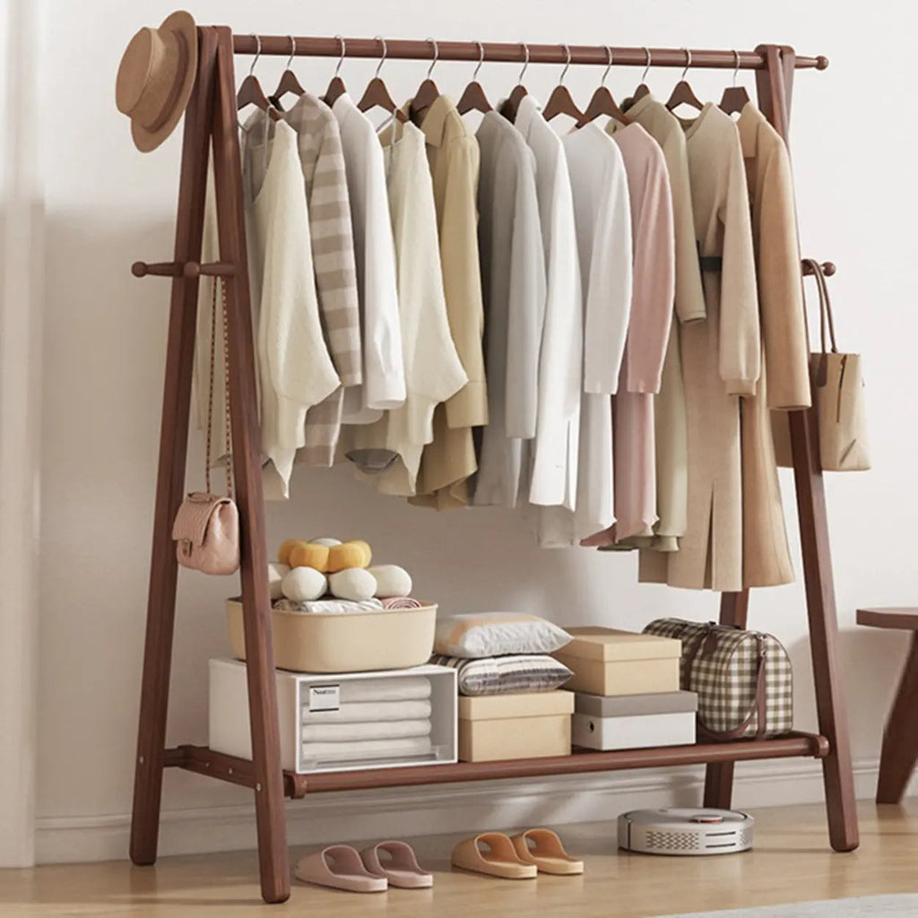 Foldable Beech Wood Clothes Rack with Storage Shelves and Side Hooks