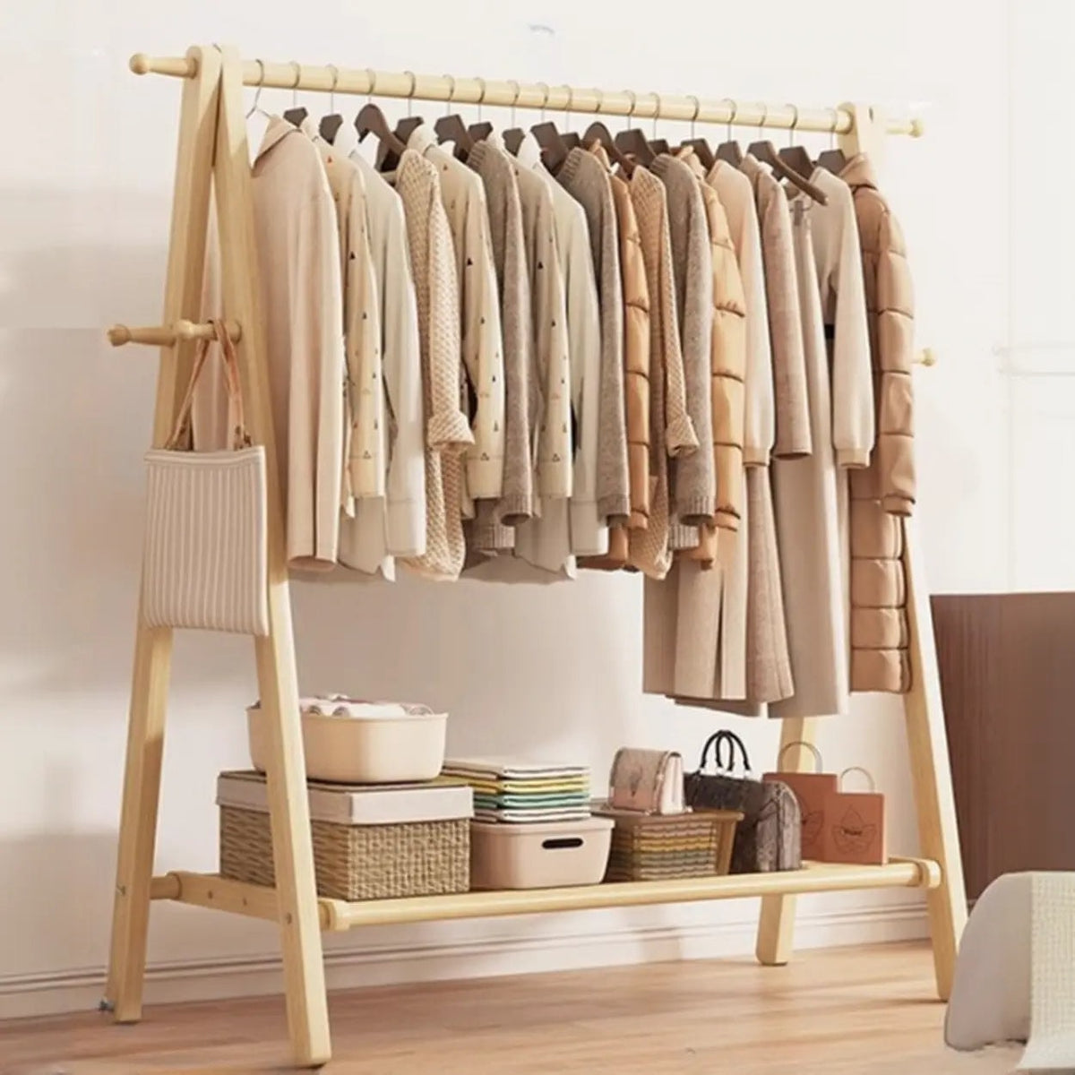 Foldable Beech Wood Clothes Rack with Storage Shelves and Side Hooks