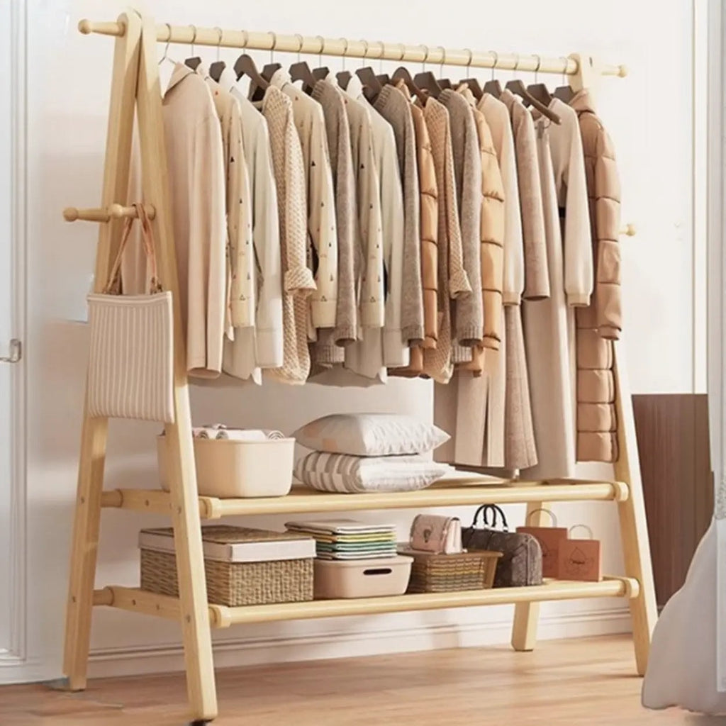 Foldable Beech Wood Clothes Rack with Storage Shelves and Side Hooks