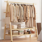 Foldable Beech Wood Clothes Rack with Storage Shelves and Side Hooks