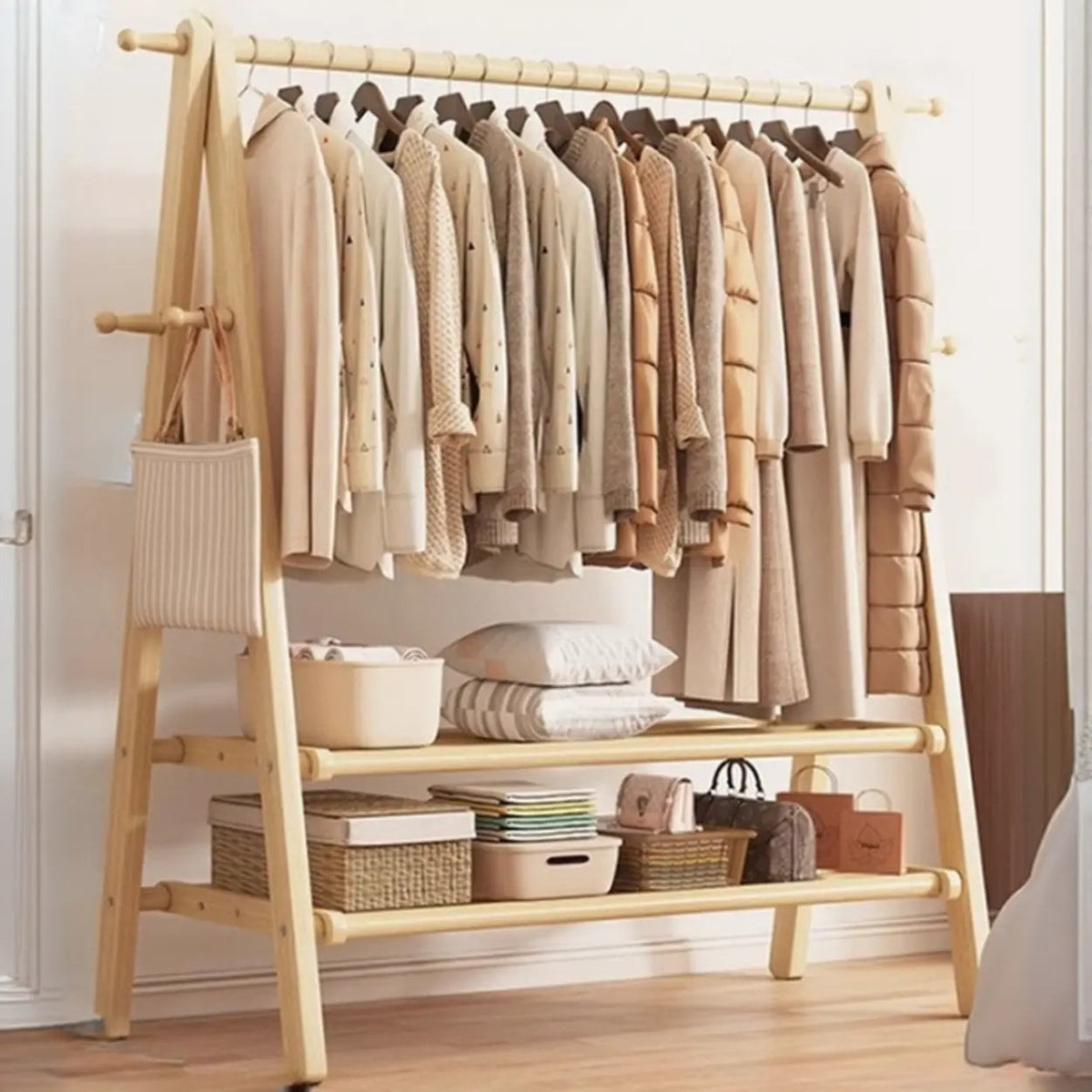 Foldable Beech Wood Clothes Rack with Storage Shelves and Side Hooks