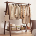Foldable Beech Wood Clothes Rack with Storage Shelves and Side Hooks