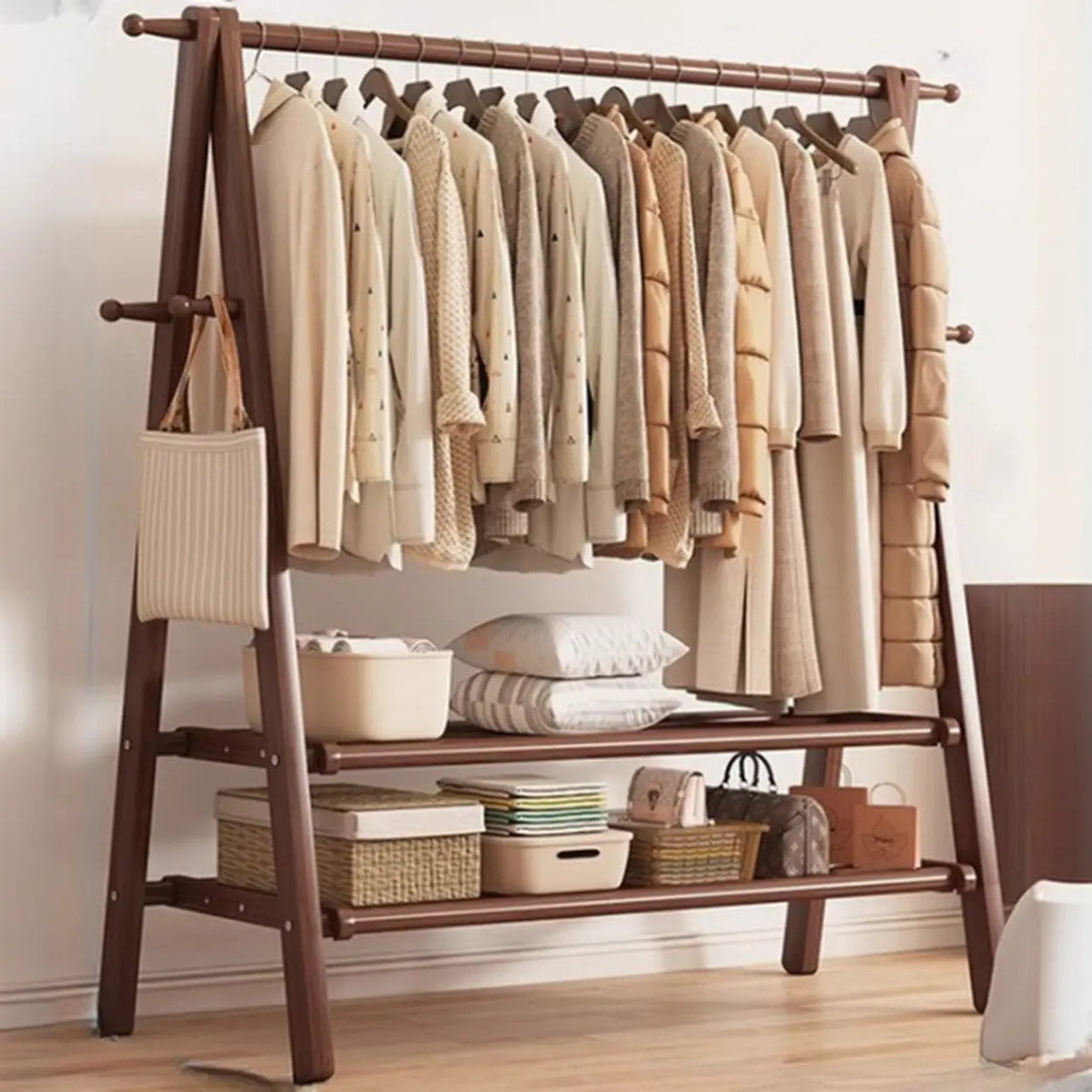 Foldable Beech Wood Clothes Rack with Storage Shelves and Side Hooks