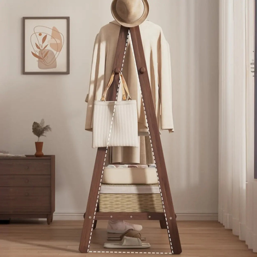 Foldable Beech Wood Clothes Rack with Storage Shelves and Side Hooks