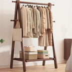 Foldable Beech Wood Clothes Rack with Storage Shelves and Side Hooks
