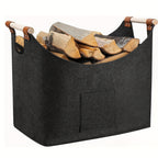 Foldable Felt Firewood Basket with Wooden Handles and Leather Accents