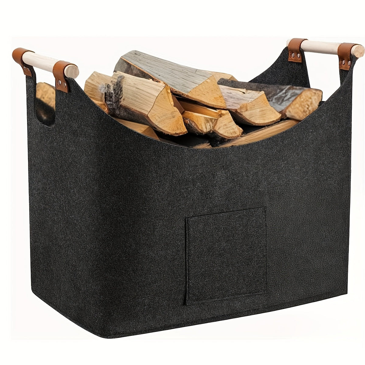Foldable Felt Firewood Basket with Wooden Handles and Leather Accents