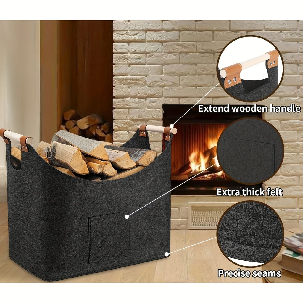 Foldable Felt Firewood Basket with Wooden Handles and Leather Accents