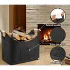 Foldable Felt Firewood Basket with Wooden Handles and Leather Accents