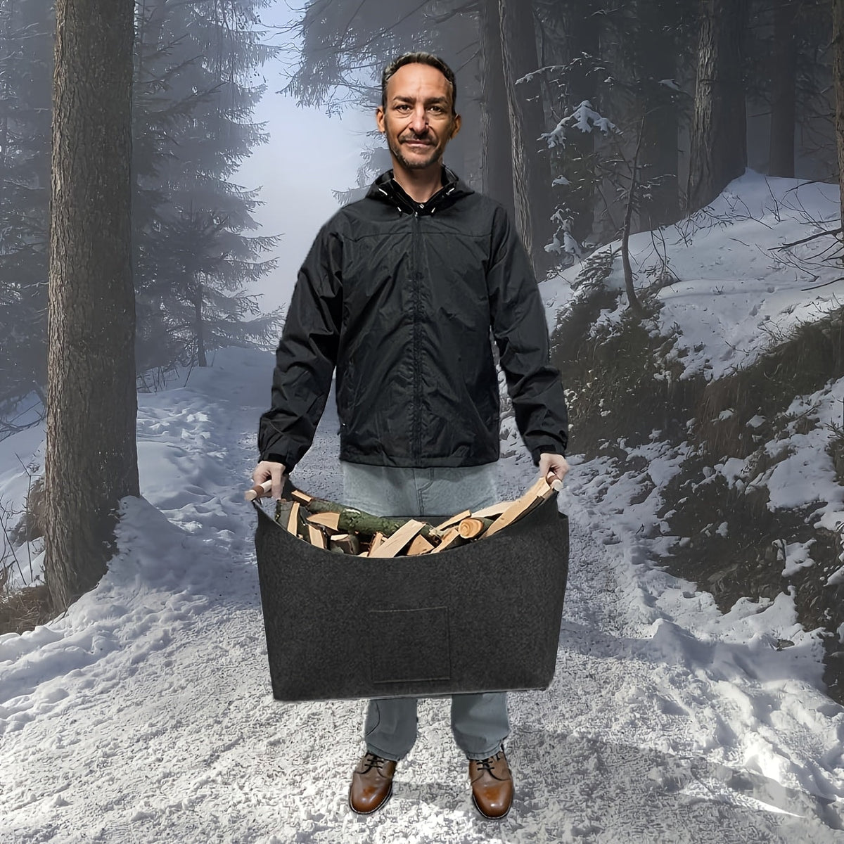 Foldable Felt Firewood Basket with Wooden Handles and Leather Accents