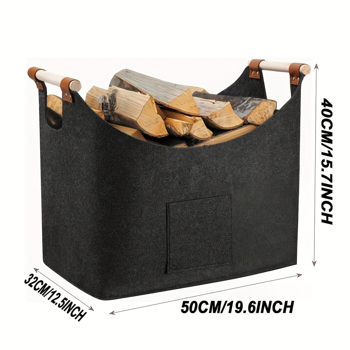 Foldable Felt Firewood Basket with Wooden Handles and Leather Accents