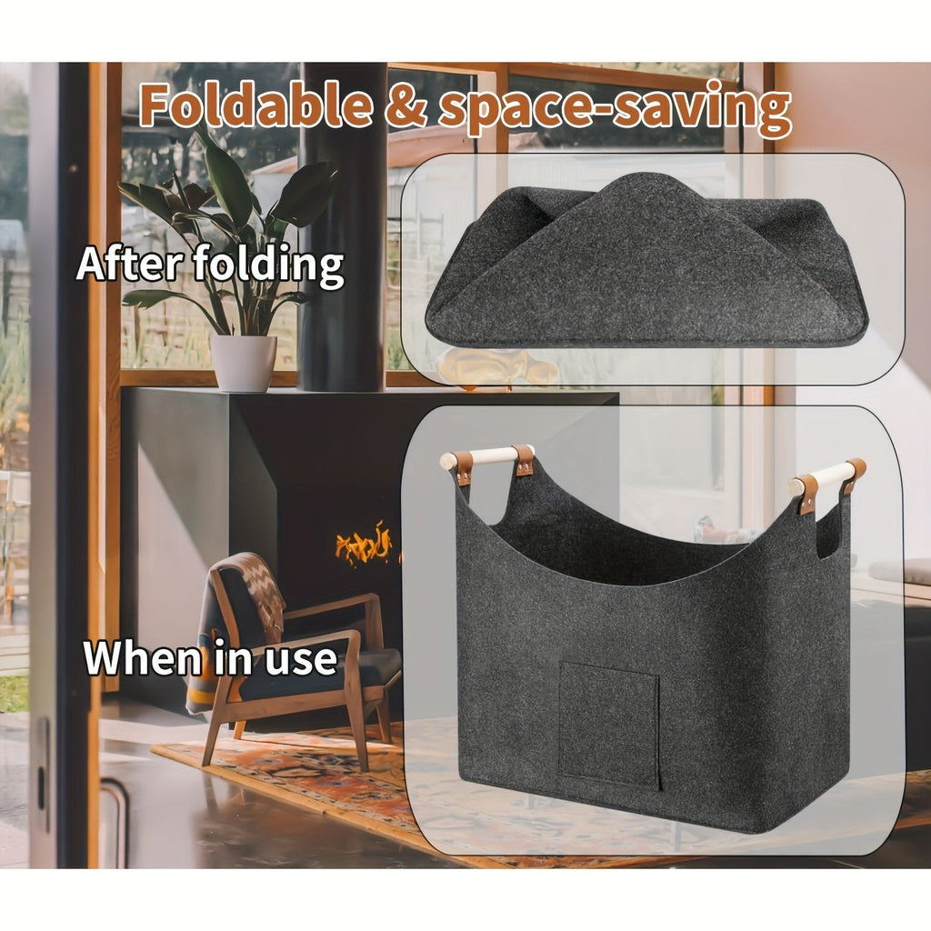 Foldable Felt Firewood Basket with Wooden Handles and Leather Accents