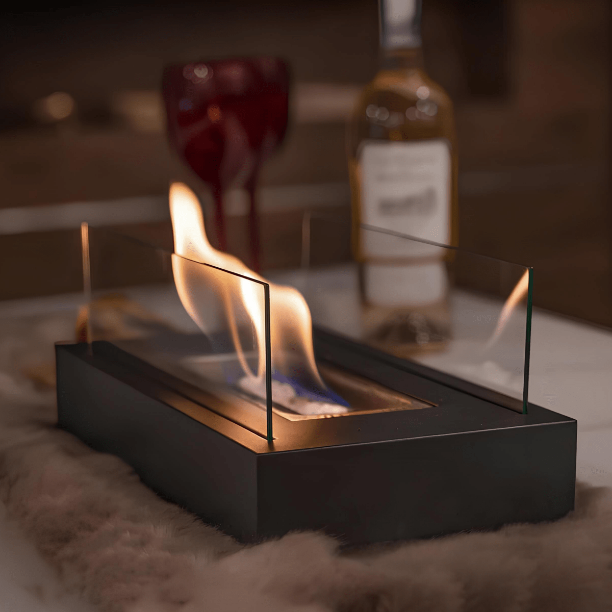 Portable Bioethanol Tabletop Fireplace with Tempered Glass Smokeless Indoor Outdoor Table Fire Pit