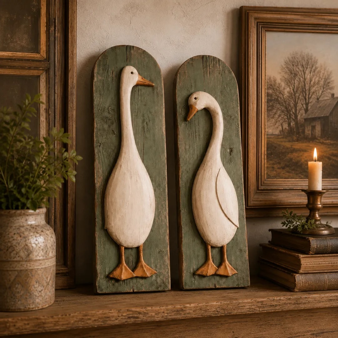 Handcrafted Rustic Goose Wall Art Set with Weathered Wood Panels