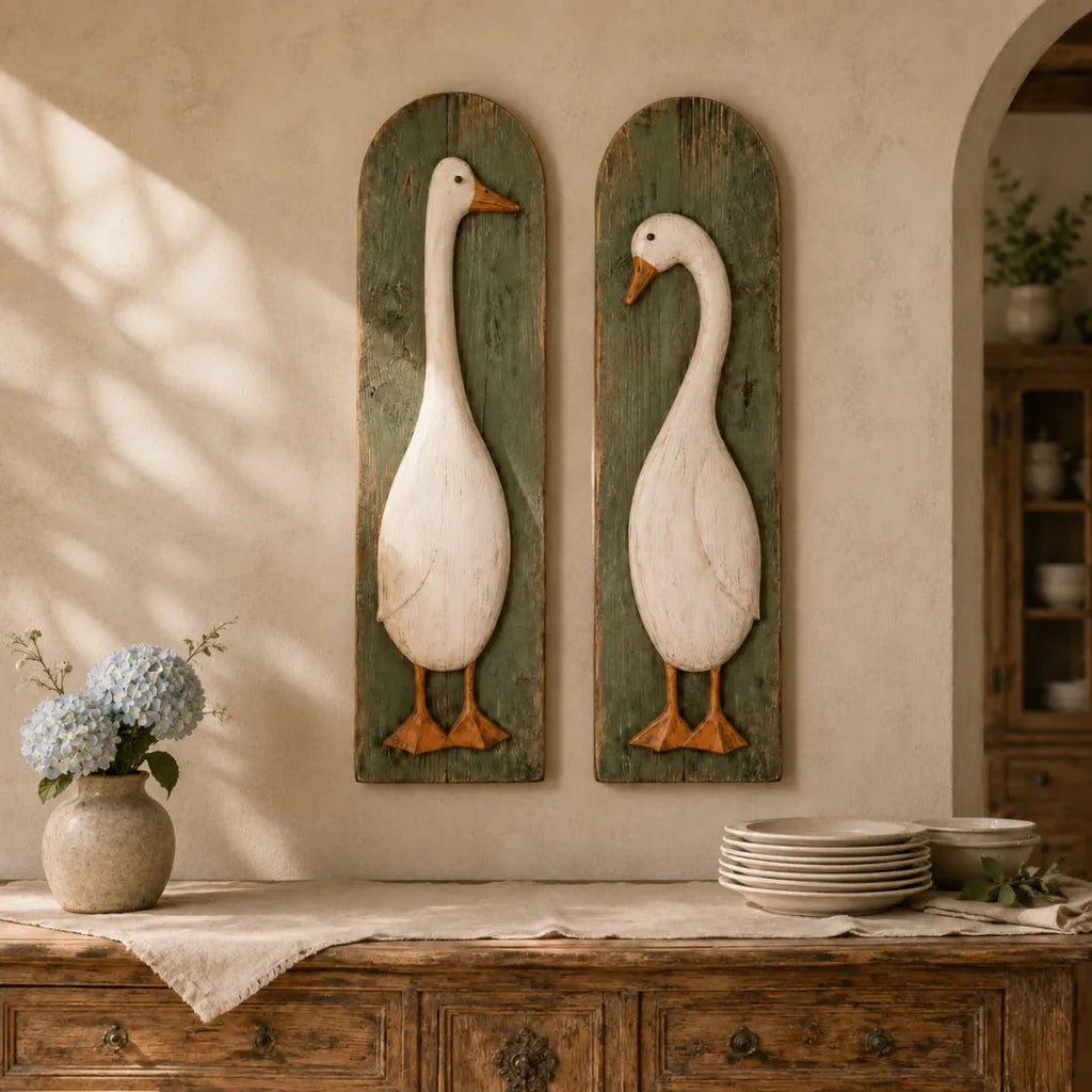 Handcrafted Rustic Goose Wall Art Set with Weathered Wood Panels