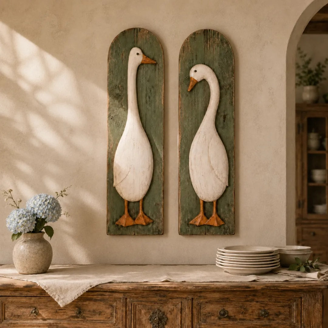 Handcrafted Rustic Goose Wall Art Set with Weathered Wood Panels
