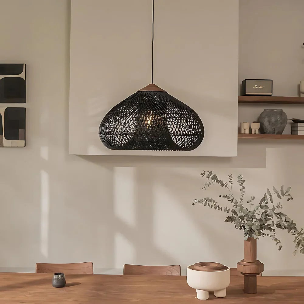Handwoven Rattan Pendant Light with Woven Dome Shade for Dining Room