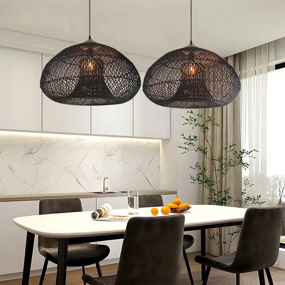 Handwoven Rattan Pendant Light with Woven Dome Shade for Dining Room