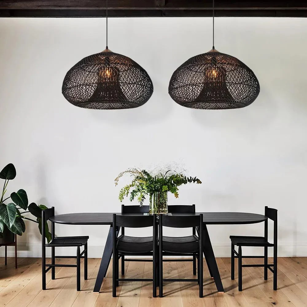 Handwoven Rattan Pendant Light with Woven Dome Shade for Dining Room