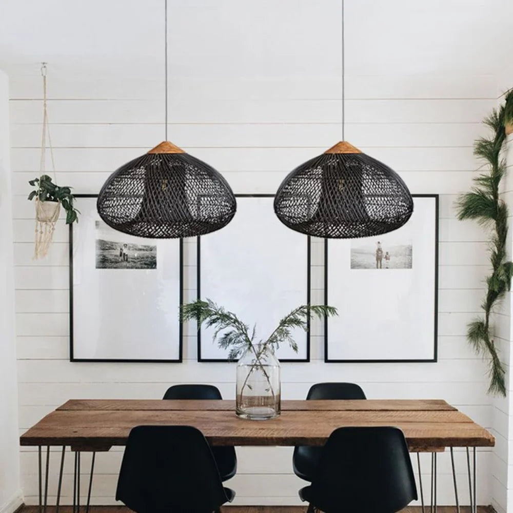 Handwoven Rattan Pendant Light with Woven Dome Shade for Dining Room