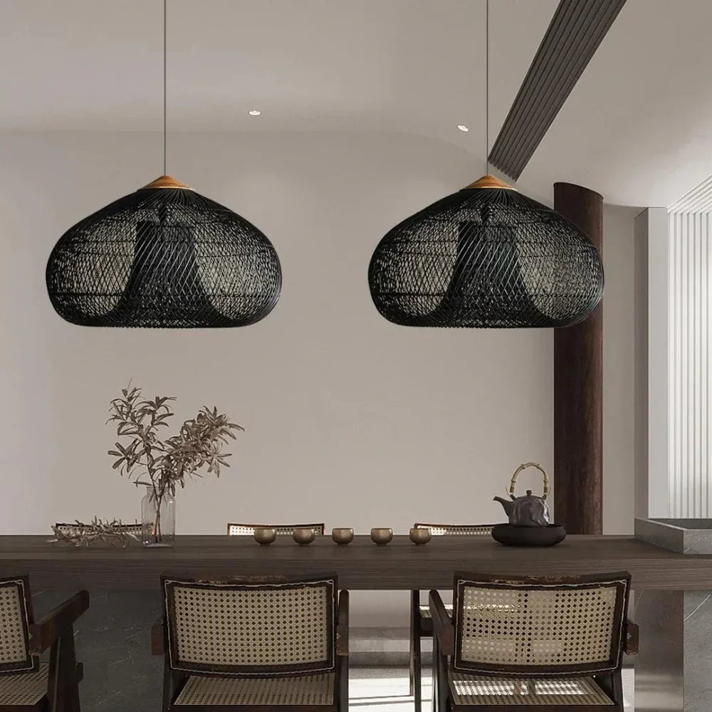 Handwoven Rattan Pendant Light with Woven Dome Shade for Dining Room